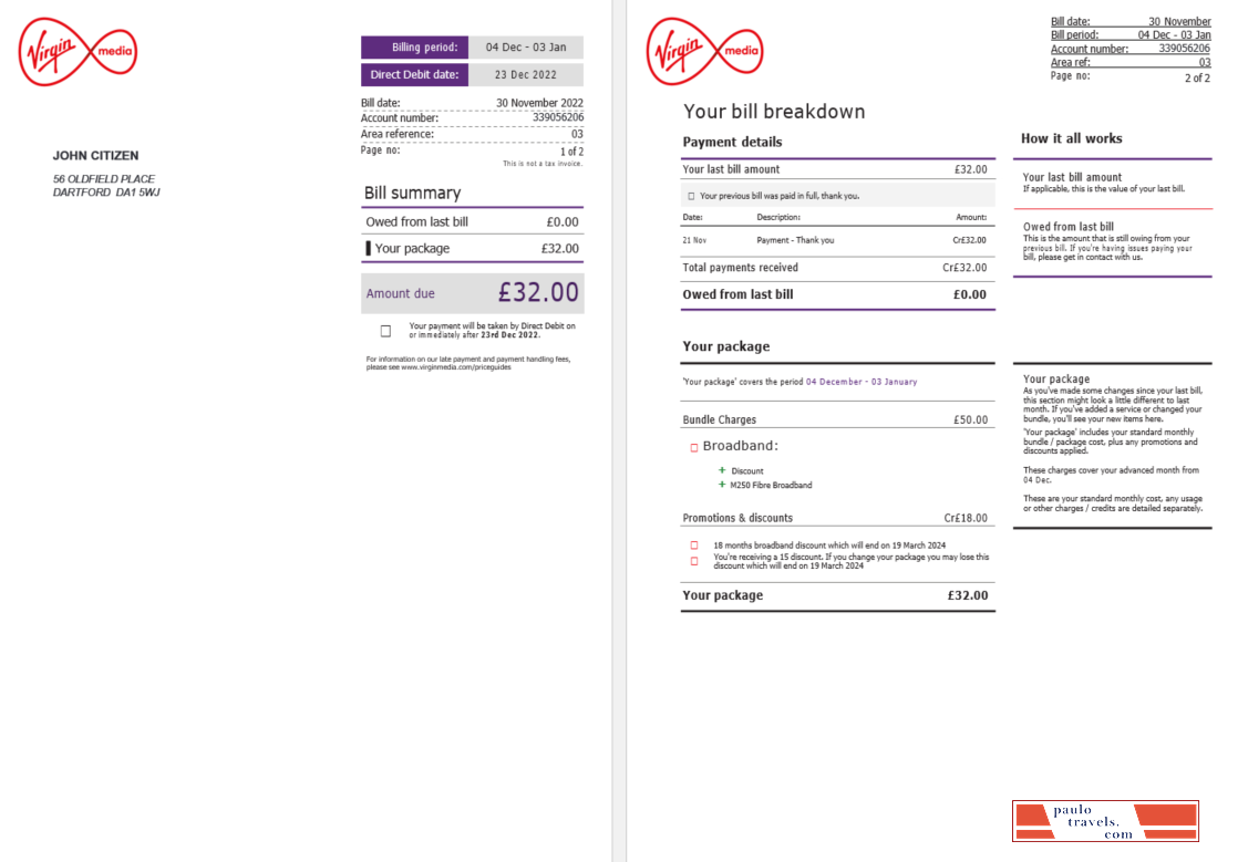 United Kingdom Virgi Media invoice Word and PDF template, 2 pages PSD template